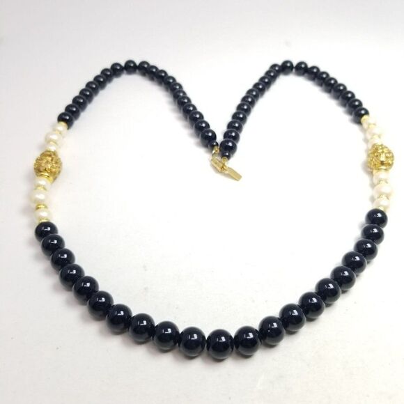 Vintage 1928 Black, White and Gold Tone Long Beaded Necklace, 80s 90s Style - Picture 3 of 6